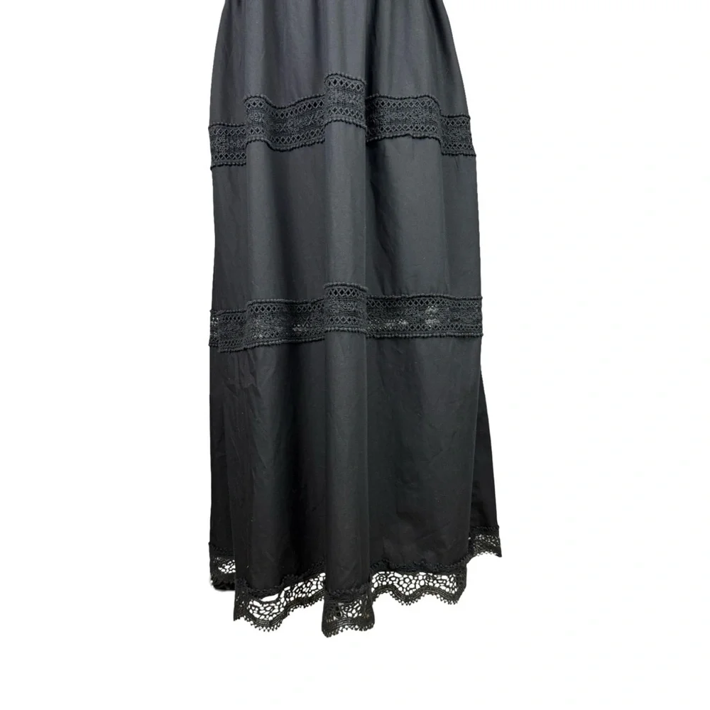 Abercrombie & Fitch Black Crochet Trim Maxi/ Midi Dress Relaxed Fit Cottagecore
